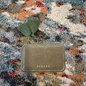 Sézane Olive Green Velvet Zip Pouch with Tassel